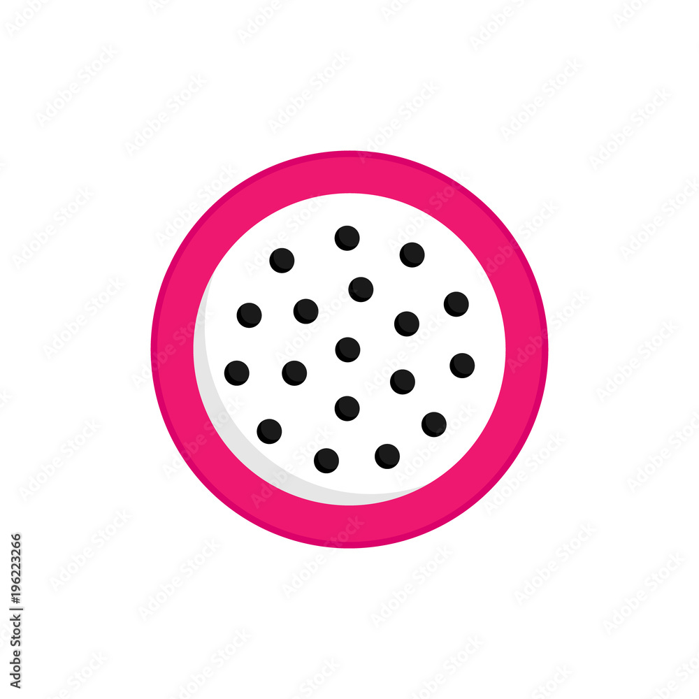 Cute simple dragon fruit vector flat icon. Pink dragon fruit with white flesh and black dots like pits, isolated. Cute simple dragon fruit vector flat icon. Pink dragon fruit with white flesh and black dots like pits, isolated.