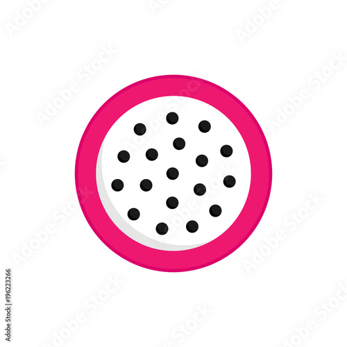 Cute simple dragon fruit vector flat icon. Pink dragon fruit with white flesh and black dots like pits, isolated.