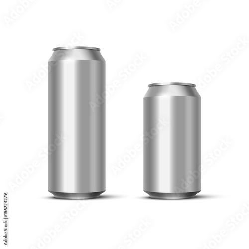 Aluminium beer or soda pack mock up. Vector realistic blank metallic cans isolated on white background.