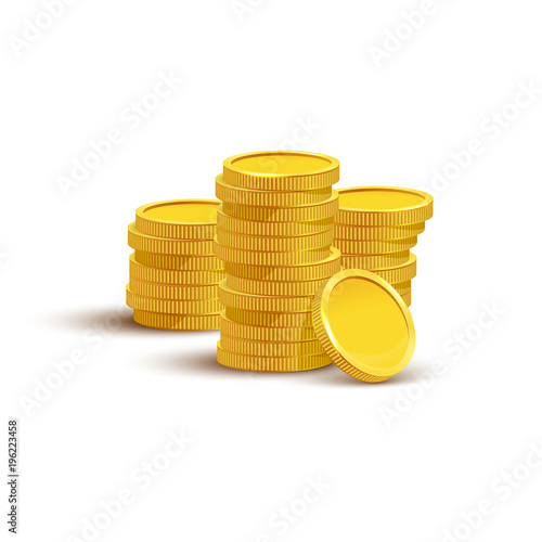 Golden stack of blank coins isolated on white background. Vector illustration.