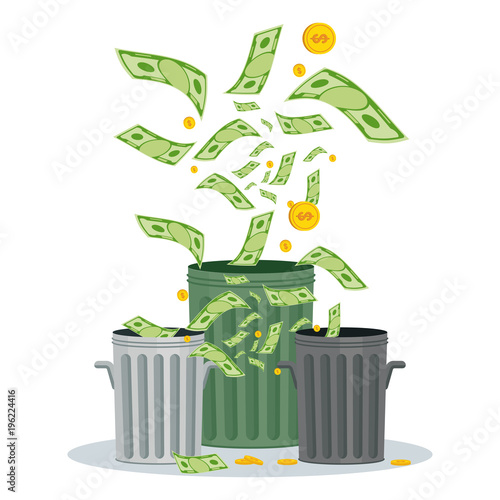 Cash flow. Banknotes fly away into black hole. Bankruptcy and collapse of monetary system. Flat vector cartoon cash flow illustration. Objects isolated on a white background.