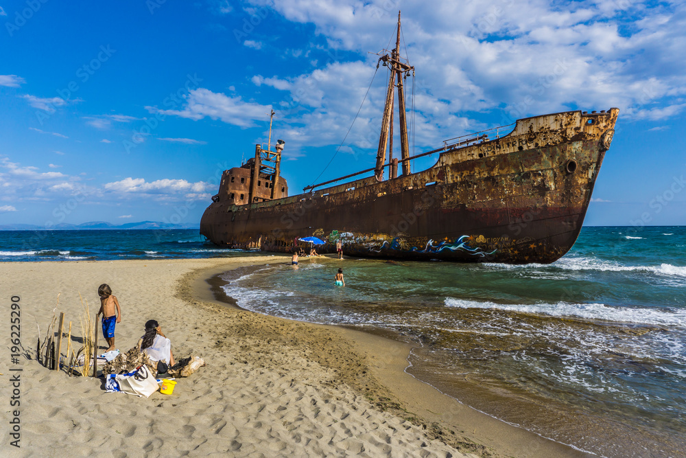The famous, old and rusty shipwreck Agios Dimitrios in Gythio of Peloponnese in Greece The famous, old and rusty shipwreck Agios Dimitrios in Gythio of Peloponnese in Greece
