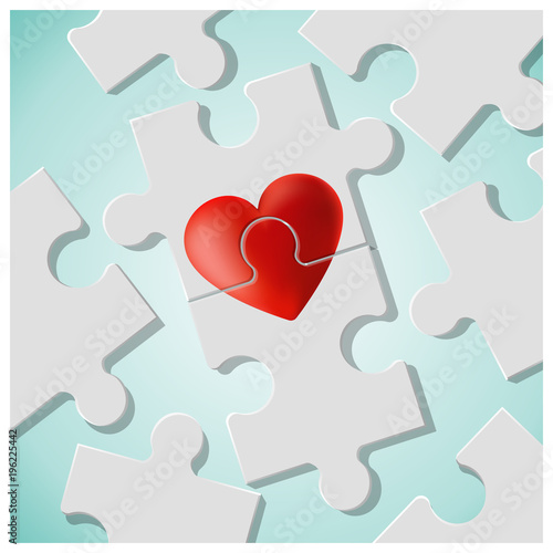 True love concept with pieces of red heart puzzle join together , vector , illustration