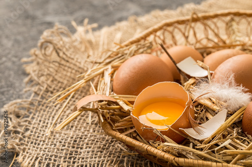 Easter eggs in a Wicker basket with straw