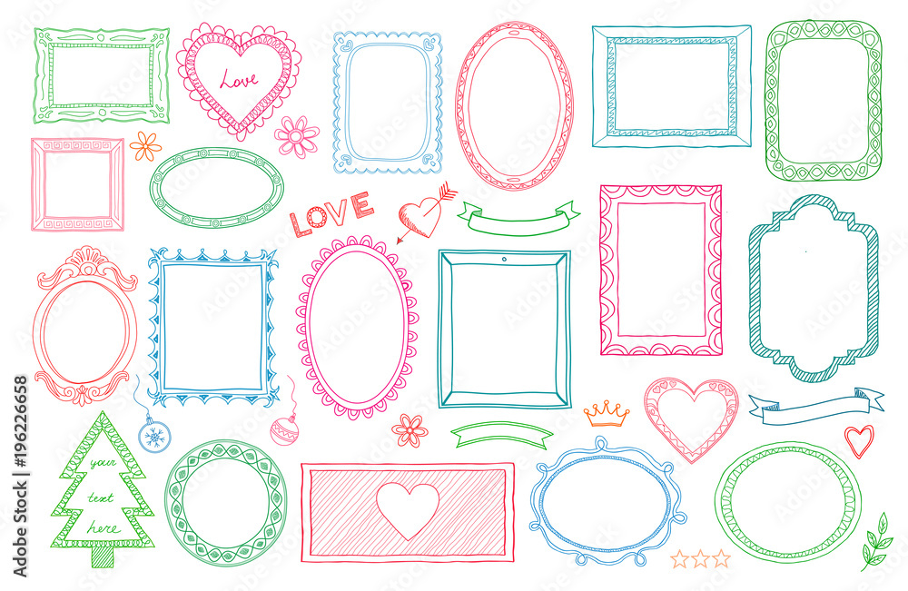 Big set of colorful hand drawn isolated frames and different elements: hearts, banners, flowers, lettering. Big set of colorful hand drawn isolated frames and different elements: hearts, banners, flowers, lettering.