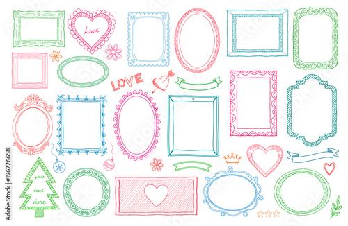 Big set of colorful hand drawn isolated frames and different elements: hearts, banners, flowers, lettering.