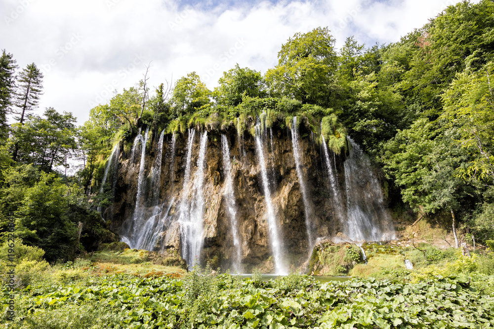 Beautiful waterfalls in Plitvice Lakes National Park in summer in Croatia