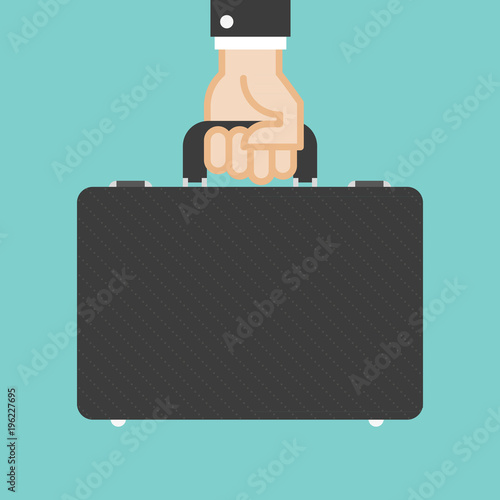 Human hand holding briefcase. Concept or business. Vector illustration. Flat design