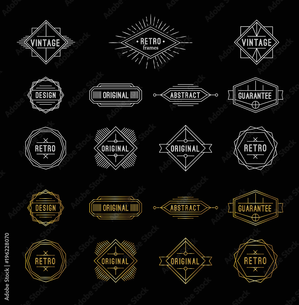 Set of shiny gold and white geometric vintage labels with the place for text.