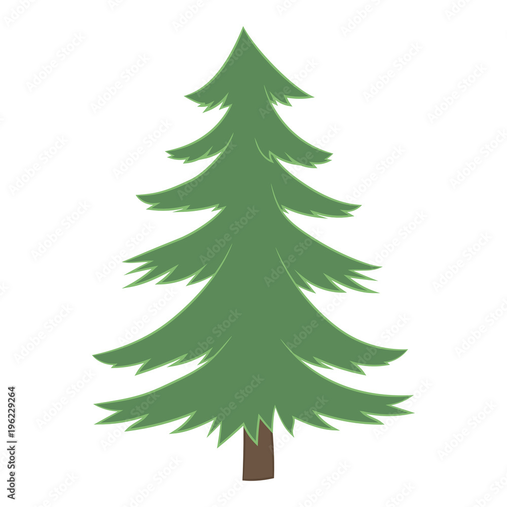 Vector painted pine Christmas tree with green pine-tree trunk isolated on white background.