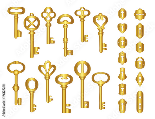 Vintage gold keys and keyholes collection.