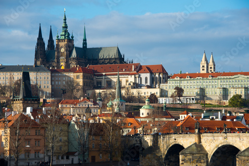 cityscape of czech capital prague with hradschin castle, charles bridge and river vlatva