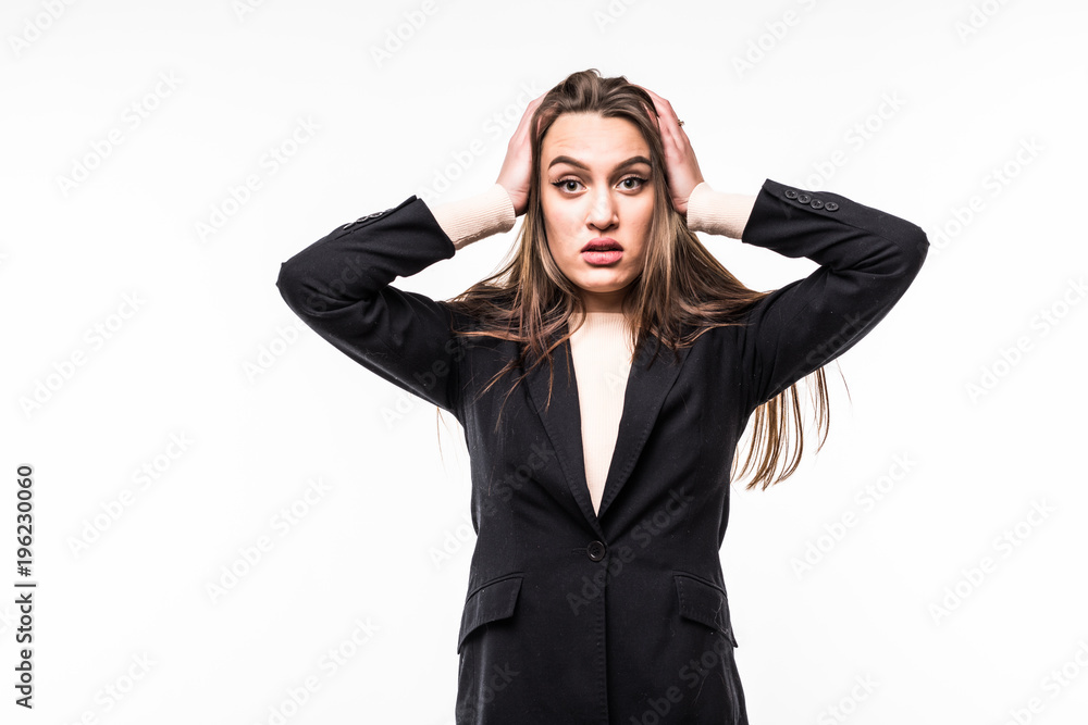 stressed businesswoman ruffles her hair isolated on white stressed businesswoman ruffles her hair isolated on white