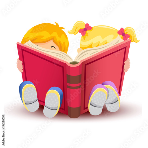 Little boy and girl reading book over white background.