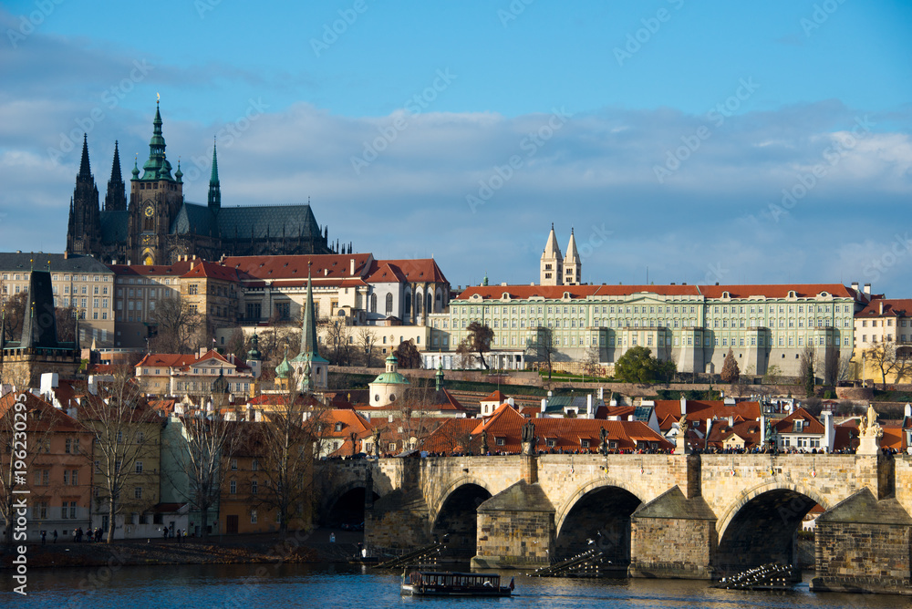 cityscape of czech capital prague with hradschin castle, charles bridge and river vlatva