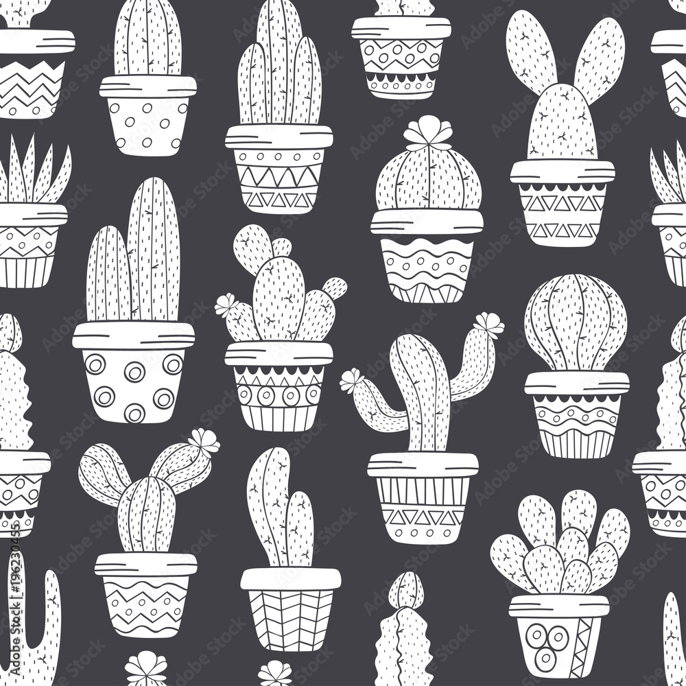 seamless pattern with cactus in pots black and white - vector ...