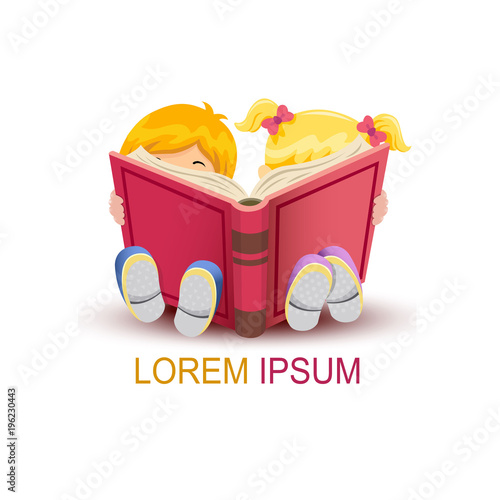 Little boy and girl reading book over white background. Vector logo