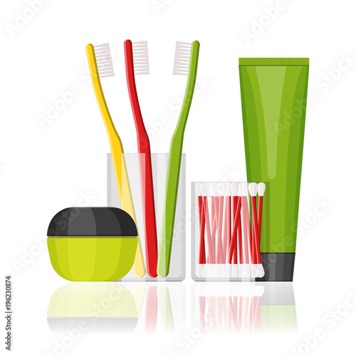 Colorful vector cosmetic and dental set for beauty and cleanser, skin and teeth care. Flat design on a white background. Cream, tooth paste, tooth brush and cotton buds
