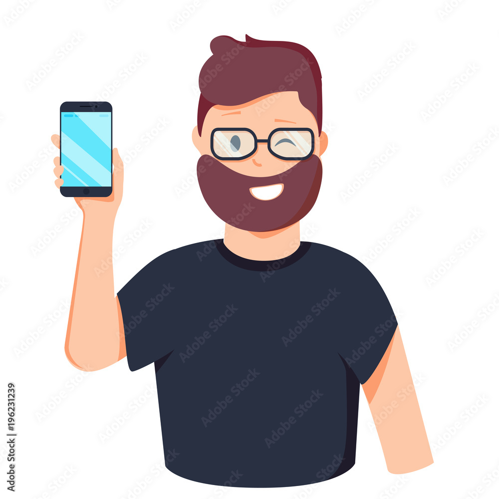 Man is showing the phone. People and gadgets. Vector illustration in cartoon style.