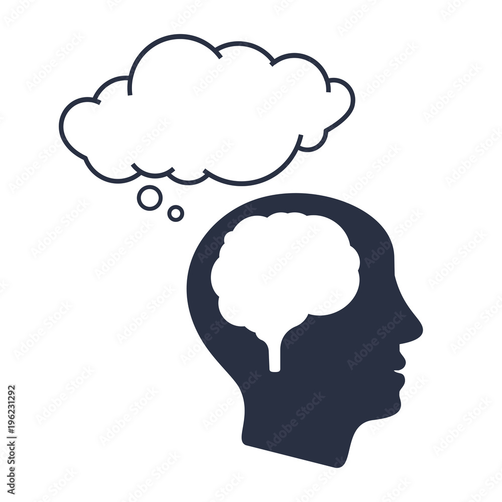 Human brain and thought bubble vector poster isolated on white background. Abstract head with thought symbol. Human brain and thought bubble vector poster isolated on white background. Abstract head with thought symbol.