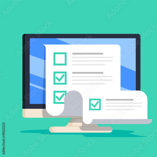 Online form survey on computer vector illustration, flat cartoon desktop pc showing long quiz exam paper