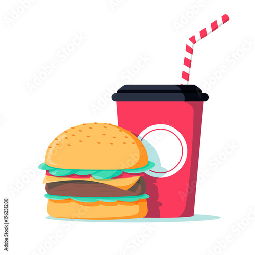 Junk food burger sandwich with soda drink icon. Fast food unhealthy eating. Street breakfast with cheeseburger and cola.