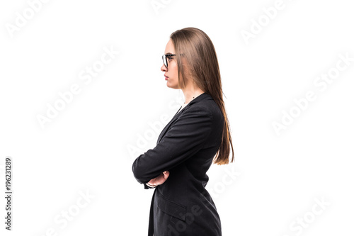 Closeup profile of confident business woman looking forward isolated on white background photo