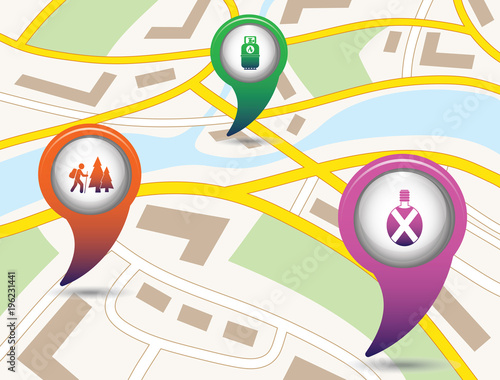 Set of tourism service map pointers on map