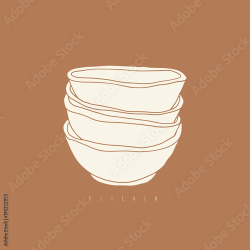 Doodle stack of bowls. Hand drawn kitchen illustration. Cafe logo design