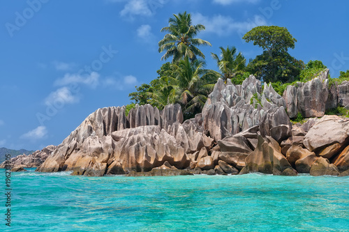 Beautiful tropical St. Pierre Island with palms and granite rocks, Seychelles