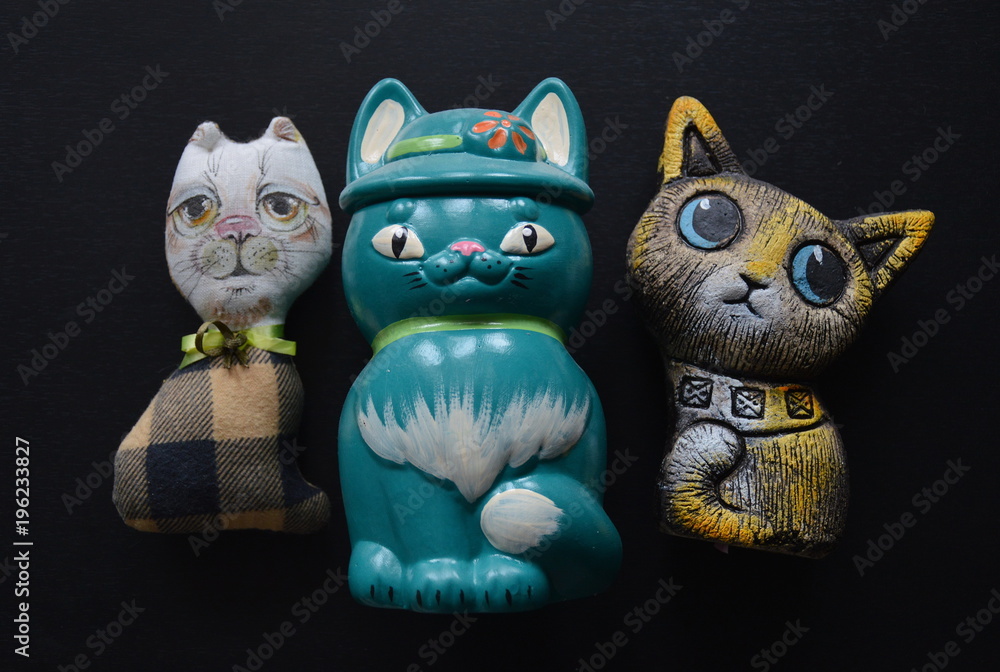 Three Funny ColourfulHandmade Cats, Pottery and Needlework