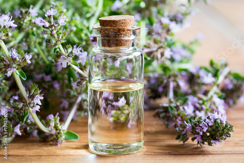 A bottle of Breckland thyme (thymus serpyllum) essential oil