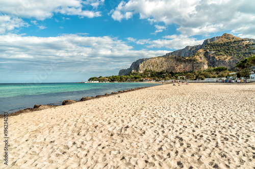 View of Mondello beach, is a small seaside resort near center of city Palermo, Sicily, Italy