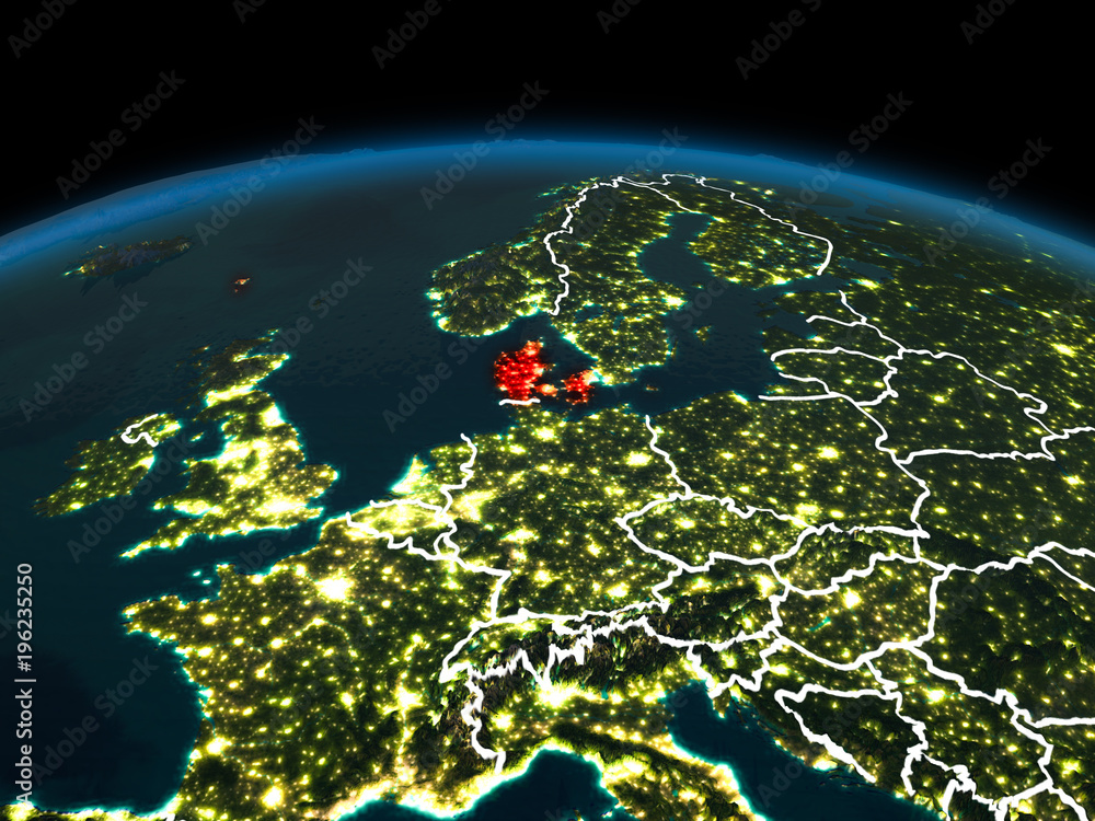 Denmark on Earth at night