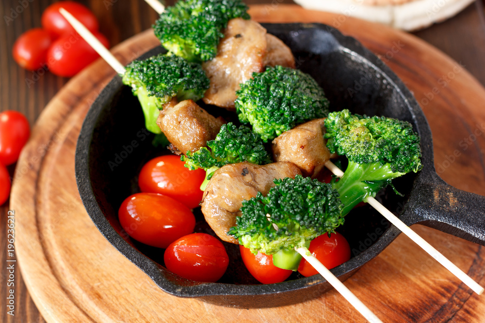 Vegetarian kebabs with seitan and broccoli on a skewers. Vegetarian kebabs with seitan and broccoli on a skewers.