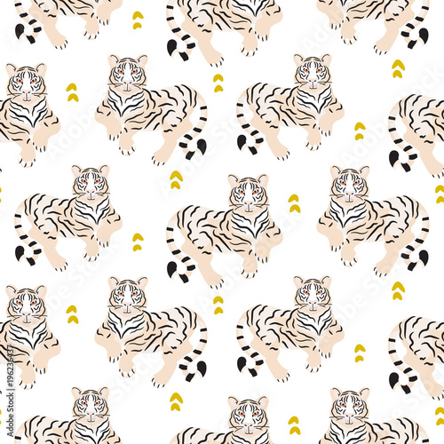 Seamless pattern with tiger on green background.