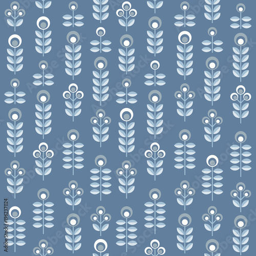 Scandinavian floral background, mid century wallpaper, seamless abstract pattern,  Blue, silver grey and white colors . 