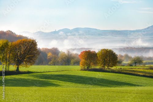Fields and trees in autumn, early morning mist arose from the Rhine valley, Westerwald, view onto the hills of the Eifel photo