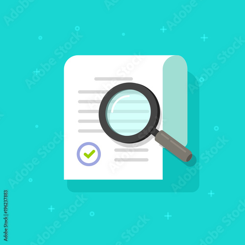 Document research vector illustration, flat cartoon paper sheet doc exploring via magnifying glass, concept of report audit, data analysis or search, corporate document with stamp check