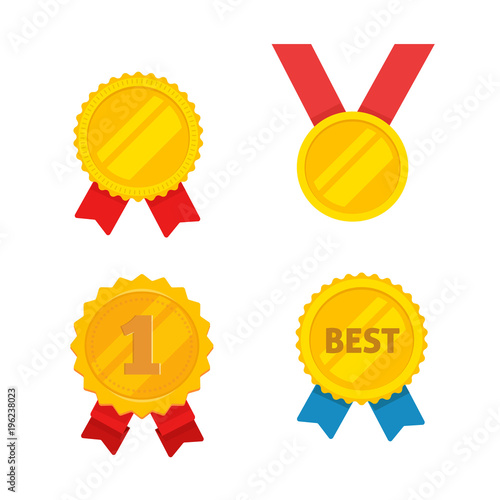 Medal gold vector set, flat cartoon golden medallion, award symbol, achievement badge isolated