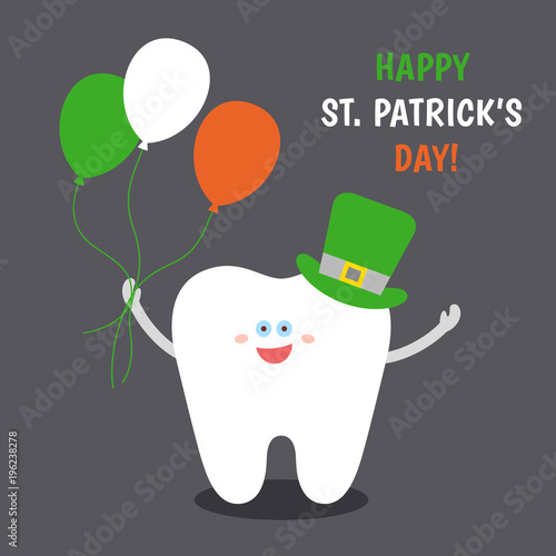 Smiling cartoon tooth in Saint Patrick's green hat with balloons colors of the Irish flag. Happy St. Patrick's Day! Greeting card from dentistry.