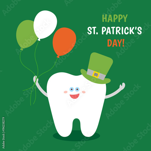 Smiling cartoon tooth in Saint Patrick's green hat with balloons colors of the Irish flag. Happy St. Patrick's Day! Greeting card from dentistry. Dental illustration on green background.