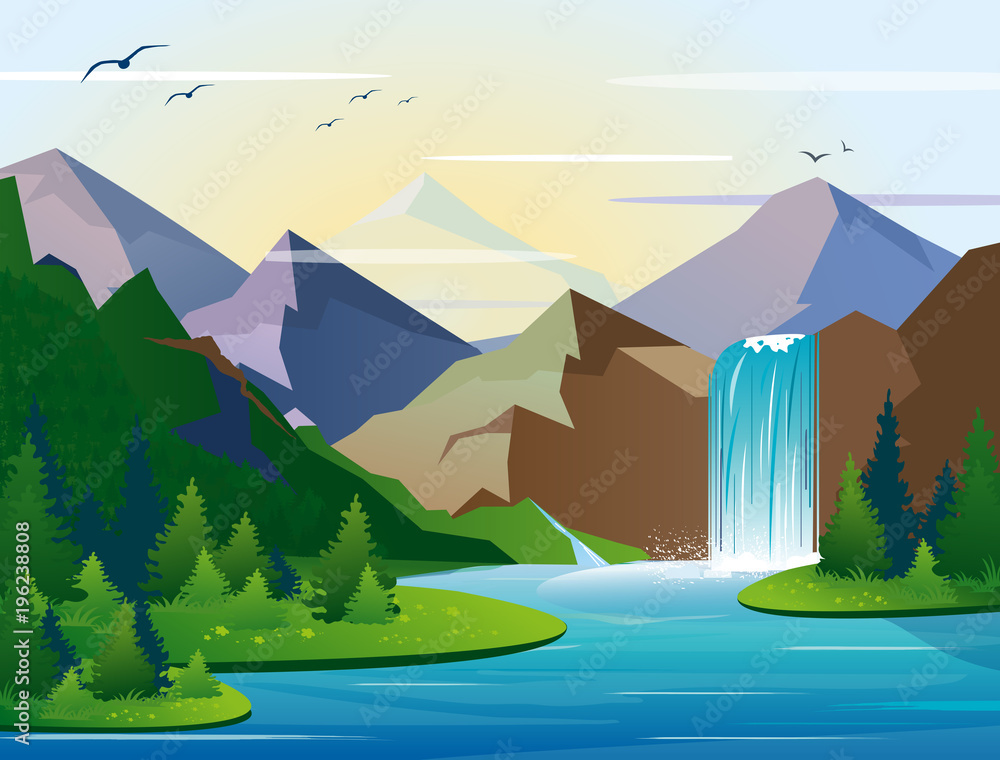 Fototapeta Wektorowa ilustracja piękna siklawa w góra krajobrazie z drzewami, skałami i niebem. Zielone drewno z dziką przyrodą, jeziorem i krzewami w stylu płaskiego.
