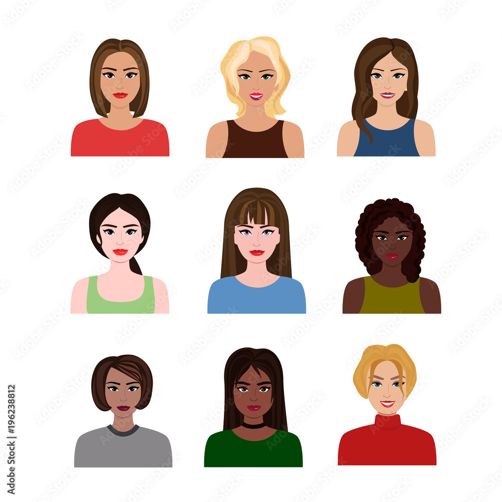 Vector illustrations of beautiful young girls and women different nations with various hair style. Female avatars in flat cartoon style. Vector illustrations of beautiful young girls and women different nations with various hair style. Female avatars in flat cartoon style.