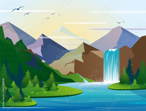 Fototapeta Wektorowa ilustracja piękna siklawa w góra krajobrazie z drzewami, skałami i niebem. Zielone drewno z dziką przyrodą, jeziorem i krzewami w stylu płaskiego.