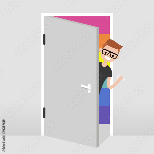 Coming out. Young character peeking out from behind the door. Rainbow background. LGBT. Concept. Flat editable vector illustration  clip art