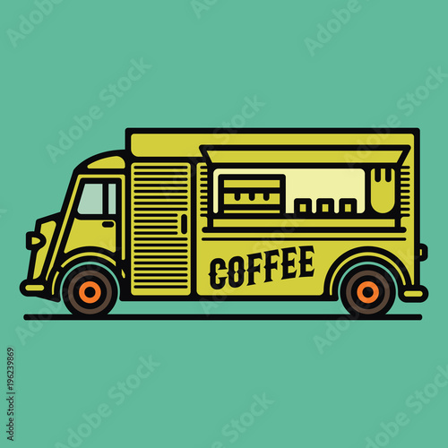 One thin line, flat vintage retro coffee truck, vector illustration, street food