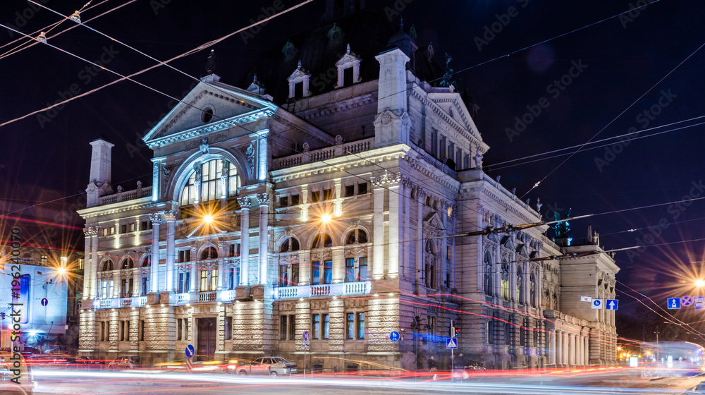 Naklejka premium Scenic night Lviv cityscape architecture on the long exposure