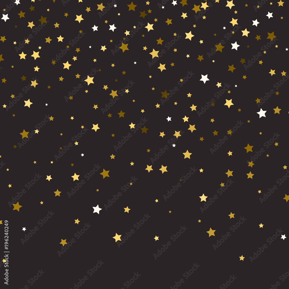 Abstract pattern of random falling gold stars on black background. Glitter pattern for banner, greeting card, Christmas and New Year card, invitation, postcard, paper packaging. Vector illustration Abstract pattern of random falling gold stars on black background. Glitter pattern for banner, greeting card, Christmas and New Year card, invitation, postcard, paper packaging. Vector illustration