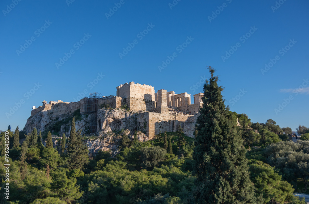 View to Acropolis with Propylaea and Temple of Athena Nike, Athens, Greece